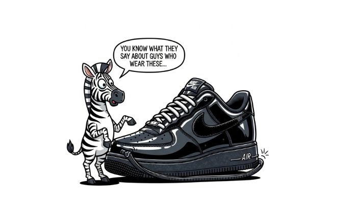 A Black Air Force 1 Meme cartoon zebra holds up a comically large black Nike Air Force 1 sneaker with a speech bubble that says, "You know what they say about guys who wear these..."