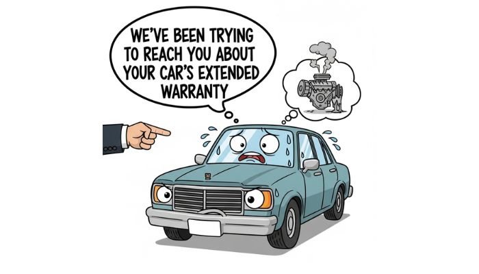 A humorous cartoon meme features a worried, anthropomorphic car with a thought bubble showing a broken engine. A hand points at the car from the left, and a speech bubble says, "WE'VE BEEN TRYING TO REACH YOU ABOUT YOUR CAR'S EXTENDED WARRANTY."