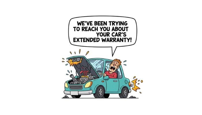 A funny cartoon meme shows a distressed driver in a broken-down car with the hood open, spewing smoke and parts. A speech bubble above the car reads, "WE'VE BEEN TRYING TO REACH YOU ABOUT YOUR CAR'S EXTENDED WARRANTY!"