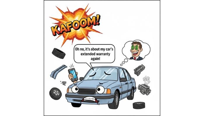 A funny cartoon meme shows a worried, anthropomorphic car on a white background, holding a smartphone. Broken car parts, a wheel, and a bumper are scattered around it. A speech bubble reads, "Oh no, it's about my car's extended warranty again!" while a large explosion graphic above the car says "KABOOM!" A thought bubble shows a salesperson with dollar signs for eyes.