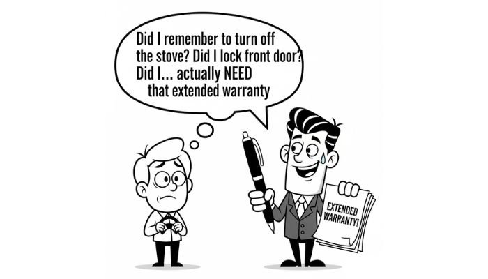 A funny cartoon meme shows a light blue car with a long, stretched body and a worried expression. A speech bubble above it reads, "WE'VE BEEN TRYING TO REACH YOU ABOUT YOUR CAR'S EXTENDED WARRANTY." Below the car, the text says, "Seriously, it's getting ridiculous."