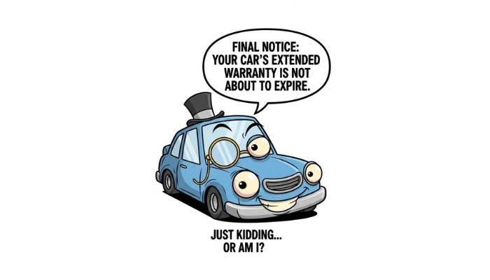 A funny cartoon meme shows a light blue car with a top hat and a monocle. A speech bubble says, "FINAL NOTICE: YOUR CAR'S EXTENDED WARRANTY IS NOT ABOUT TO EXPIRE." Below the car, the text reads, "JUST KIDDING... OR AM I?"