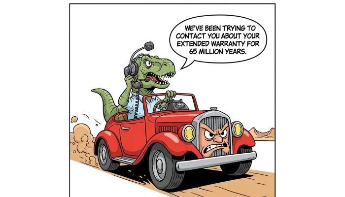 A funny cartoon meme shows a T-Rex wearing a headset and holding an old flip phone. A speech bubble reads, "We've been trying to contact you about your extended warranty for 65 million years." An old car is sinking in a tar pit in the background.