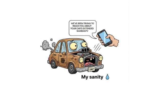 A humorous cartoon depicts a broken-down, smoking car with a panic-stricken face. A hand holds a phone with a speech bubble saying, "WE'VE BEEN TRYING TO REACH YOU ABOUT YOUR CAR'S EXTENDED WARRANTY." The car is labeled "My sanity."