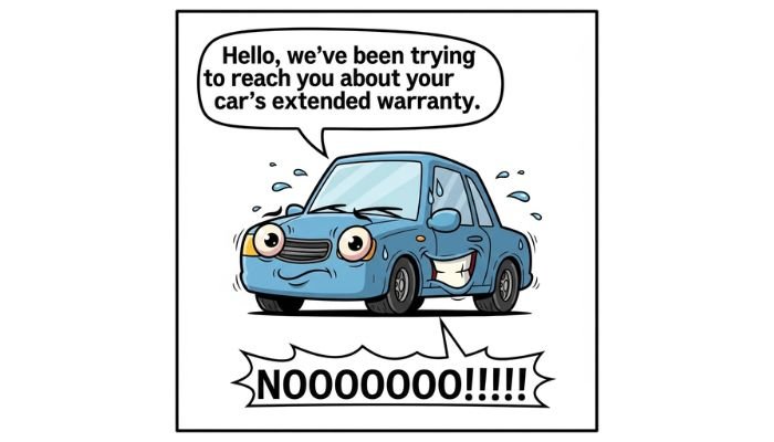 A funny cartoon meme features a car with a stressed, wide-eyed smile. A speech bubble above its head reads, "Hello, we've been trying to reach you about your car's extended warranty." Below the car, another bubble says "NOOOOOOO!!!!!"