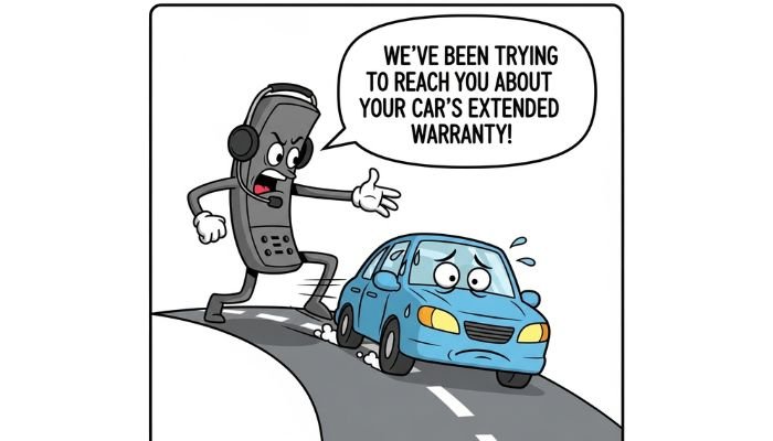 A funny cartoon meme shows a worried blue car driving away from a large, anthropomorphic phone wearing a headset, which is chasing the car while a speech bubble reads, "WE'VE BEEN TRYING TO REACH YOU ABOUT YOUR CAR'S EXTENDED WARRANTY!"