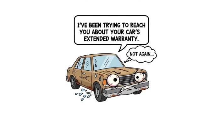 A funny cartoon meme shows a rusty, distressed car with wide eyes and a frowning mouth. A speech bubble says, "I've been trying to reach you about your car's extended warranty," and a thought bubble says, "Not again..."