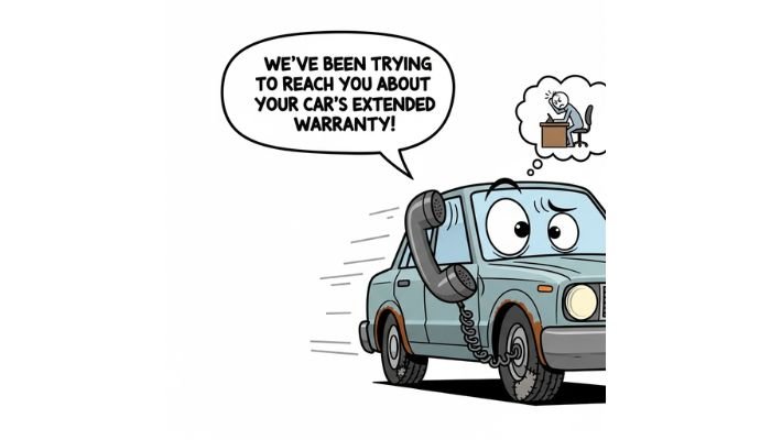 A funny cartoon meme shows a light blue car with a telephone receiver glued to its door. A speech bubble reads, "WE'VE BEEN TRYING TO REACH YOU ABOUT YOUR CAR'S EXTENDED WARRANTY!" A thought bubble above the car shows a stick figure banging its head on a desk.