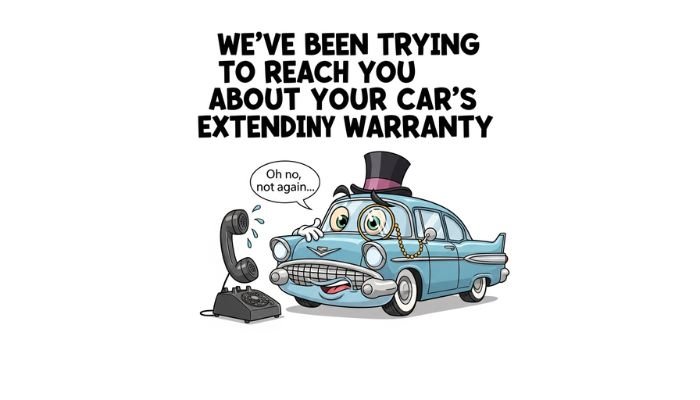 A funny cartoon meme shows a light blue vintage car with a top hat and monocle leaning towards a telephone. The car has a mischievous smile, while the phone is sweating and a speech bubble says, "Oh no, not again..." The text above the car reads, "WE'VE BEEN TRYING TO REACH YOU ABOUT YOUR CAR'S EXTENDED WARRANTY."