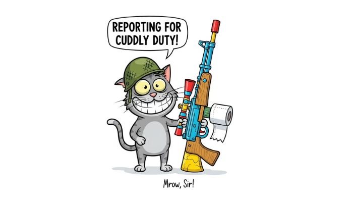 A cartoon cat in a military uniform and helmet, saluting.