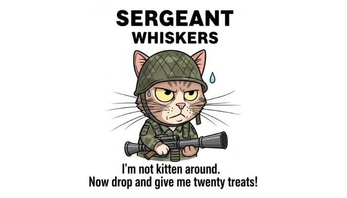 A funny cartoon cat in an army helmet holding a comically oversized toy rifle.