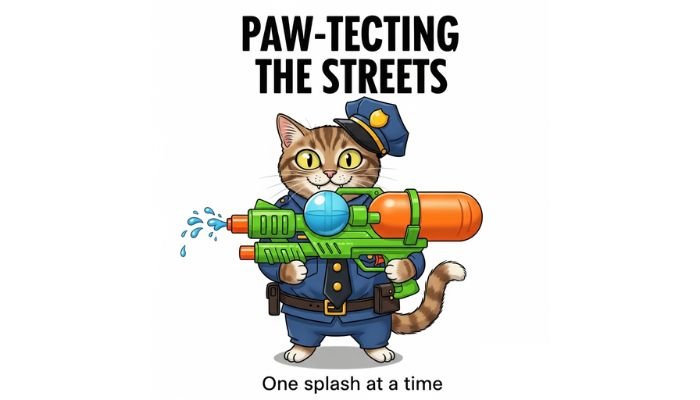 A cartoon cat in an army uniform with a serious face holding a toy bazooka.