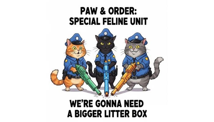 A cartoon cat in a police uniform holding a large toy water gun.