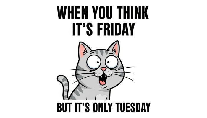 A cartoon cat with a shocked and happy expression, with the text "WHEN YOU THINK IT'S FRIDAY BUT IT'S ONLY TUESDAY."