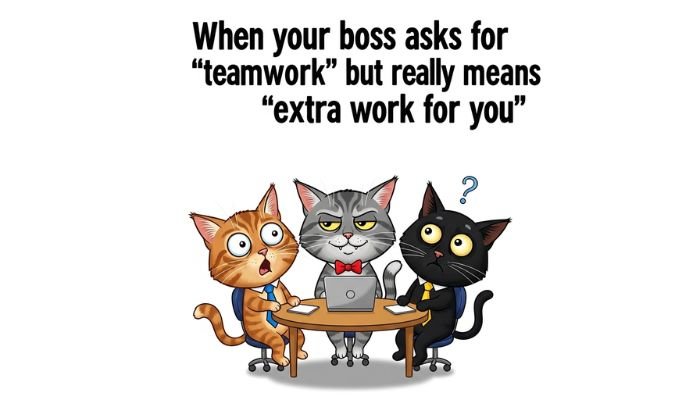 A stressed-looking orange cartoon cat at a computer and a relaxed black cartoon cat in a chair.