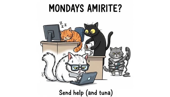 Three cartoon cats in office clothes sitting around a table with a laptop.