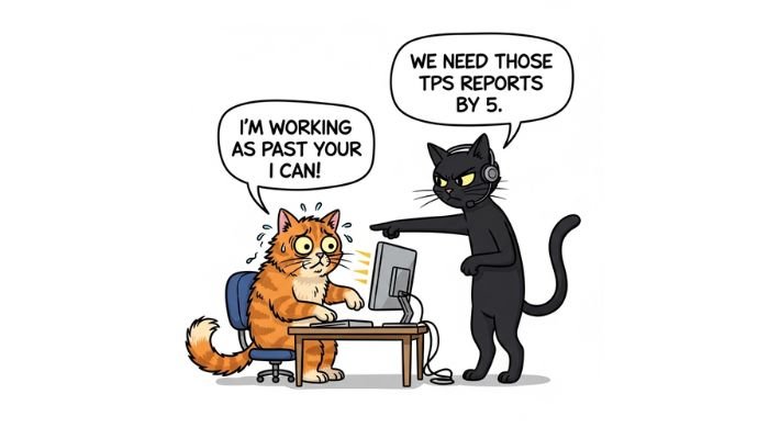 A stressed orange cartoon cat at a computer and a confident black cartoon cat.