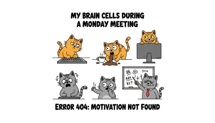 A funny cartoon meme of cats in an office, with one typing, one spilling coffee, and a third looking stressed at a whiteboard.