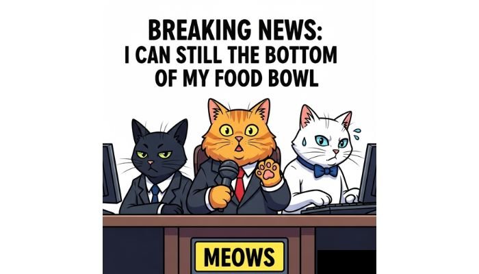 A funny cartoon meme of three cats as news anchors with a breaking news headline about a food bowl.