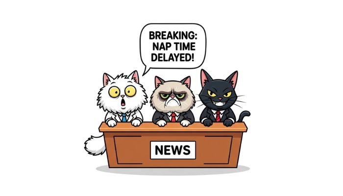 A funny cartoon meme of three cats as news anchors with a headline about nap time being delayed.