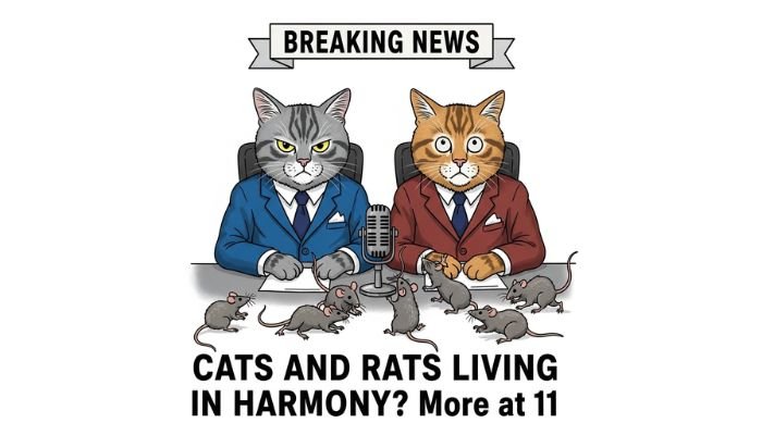 A funny cartoon meme of two cats as news anchors surrounded by rats.