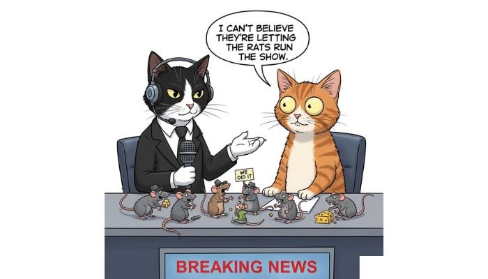 A funny cartoon meme of two cats as news anchors with a cat-and-rat-related headline.