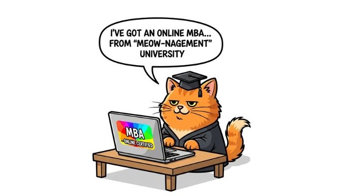 A cartoon cat wearing a graduation cap and gown, sitting at a laptop with a serious expression.