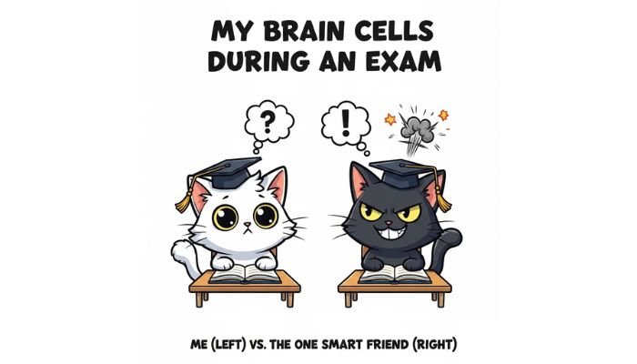 A funny cartoon meme of two cats taking an exam, one confused and one mischievous.