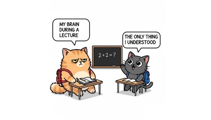 A funny cartoon meme of two cats in a school lecture, one bored and one paying attention.