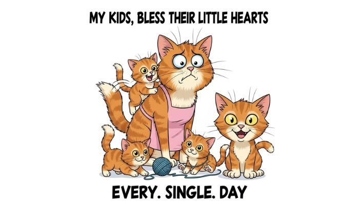 A funny cartoon meme of an overwhelmed mother cat surrounded by her energetic kittens.