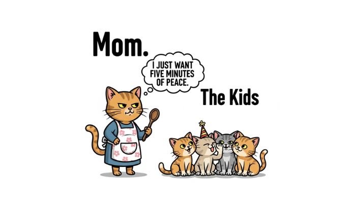A funny cartoon meme of a mother cat with a wooden spoon looking for peace from her kids.