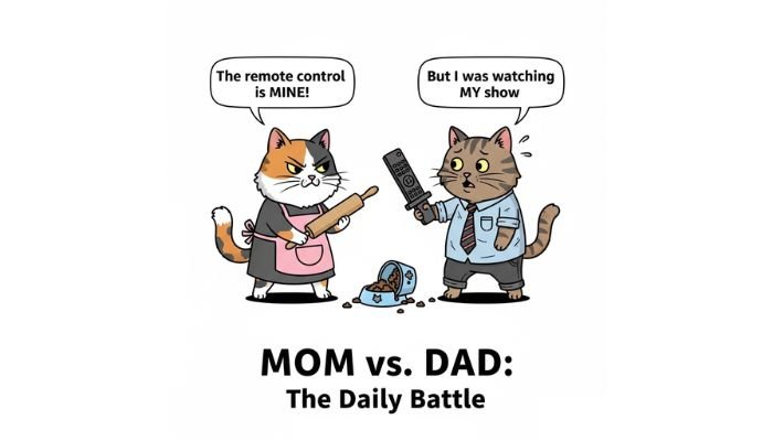 A funny cartoon meme of a cat mom and dad fighting over a TV remote control.