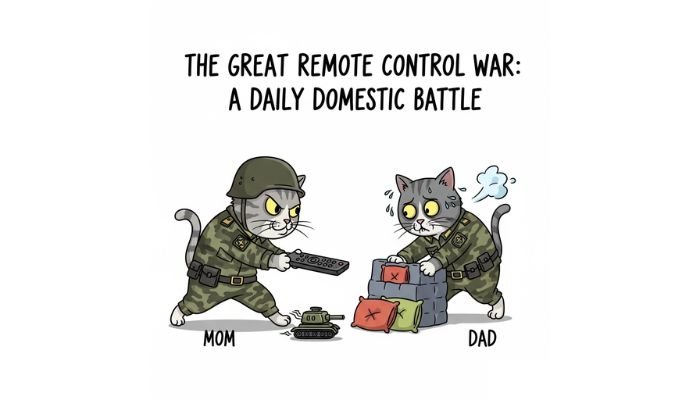 A funny cartoon meme of a cat mom and dad dressed in military fatigues fighting over a remote control.
