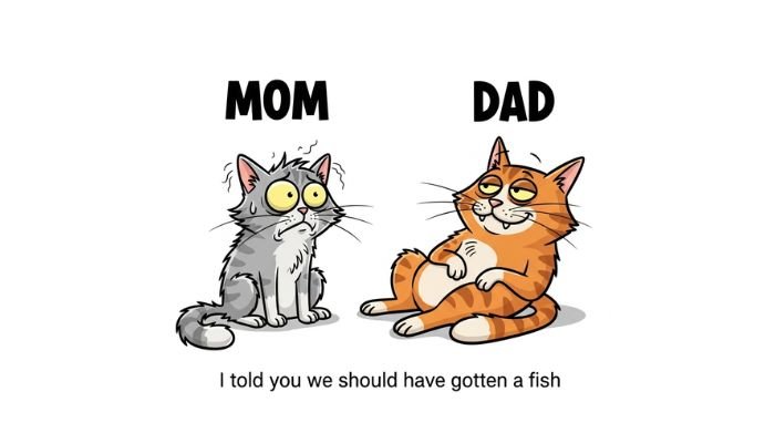 A funny cartoon meme of a tired mother cat and a relaxed father cat.