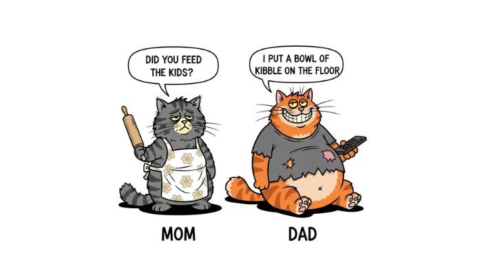 A funny cartoon meme of a tired mother cat and a relaxed father cat.