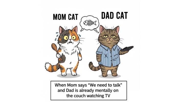 A funny cartoon meme of a mother cat asking about the kids and a father cat giving a simple response.
