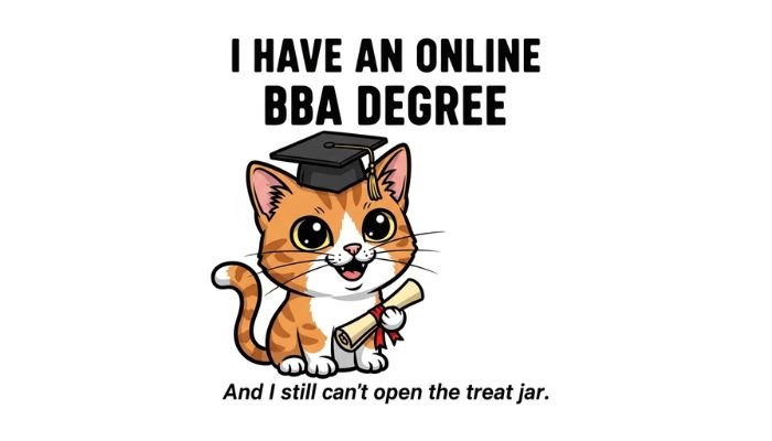 A cute cartoon cat holding a rolled-up diploma, with a graduation cap on its head and a big smile.