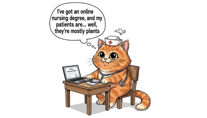 A cartoon cat wearing a nurse's cap and stethoscope, sitting at a desk with a laptop.