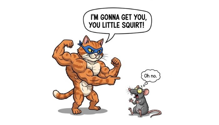 A muscular cartoon cat in a superhero mask pointing at a terrified rat.