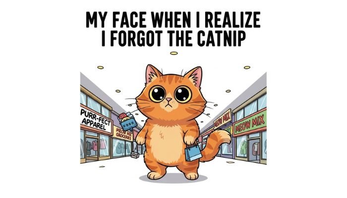 A surprised cartoon cat holding a shopping bag in a shopping mall.