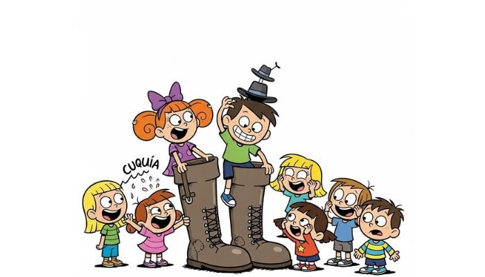 A funny cartoon in the style of Cleo & Cuquin, featuring a playful group of children. Cleo, with her purple hair bow, is standing in one of a pair of enormous boots, while another child with a mischievous grin balances a tiny hat on his head.