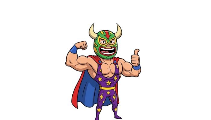 A funny, vibrant cartoon of a Lucha Libre wrestler with a muscular physique. He is wearing a brightly colored mask with horns, a red and blue cape, and a purple and orange jumpsuit with stars and lightning bolts. He is flexing one arm and giving a thumbs-up.