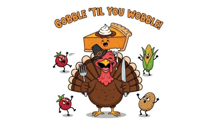 A funny cartoon image of a plump turkey wearing a pilgrim hat and holding a fork and knife. A large slice of pumpkin pie with a face and whipped cream on top is precariously balanced on the turkey's head. Around the turkey, various animated Thanksgiving foods, including a cranberry, potato, and corn on the cob, are shown with funny expressions. The text at the top reads, 'Gobble 'Til You Wobble!'