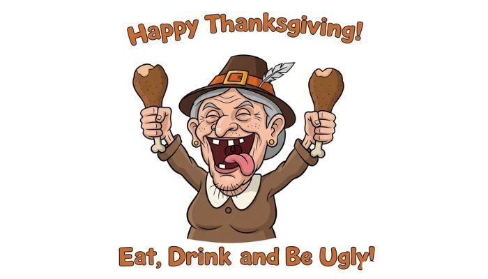 A funny cartoon image of an ugly old woman with a large nose, a wide-open mouth showing a long tongue and missing teeth. She is wearing a pilgrim hat and a brown dress with a white collar, and is holding a turkey drumstick in each raised hand. The text at the top reads 'Happy Thanksgiving!' and the text at the bottom reads 'Eat, Drink and Be Ugly!'