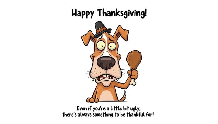 A funny cartoon image of a brown and white dog with a large snout, droopy ears, and a snaggletooth grin. It is wearing a small pilgrim hat and holding a roasted turkey leg in one paw. The text at the top reads 'Happy Thanksgiving!' and the text at the bottom reads 'Even if you're a little bit ugly, there's always something to be thankful for!'