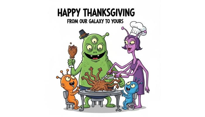 A funny cartoon image of an alien family celebrating Thanksgiving. The father alien, a green blob-like creature with three eyes and a pilgrim hat, holds a drumstick. The mother alien, a tall purple creature with multiple arms, carves a peculiar, multi-limbed creature on a platter. Two small alien children watch eagerly. The text "Happy Thanksgiving from our galaxy to yours!" is at the top.