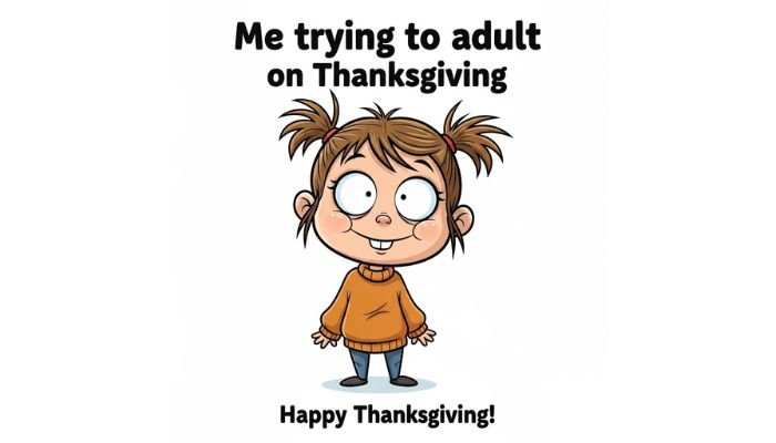 A humorous cartoon image of a young girl with wide eyes and a goofy smile. The text "Me trying to adult on Thanksgiving" is above her, and "Happy Thanksgiving!" is below.
