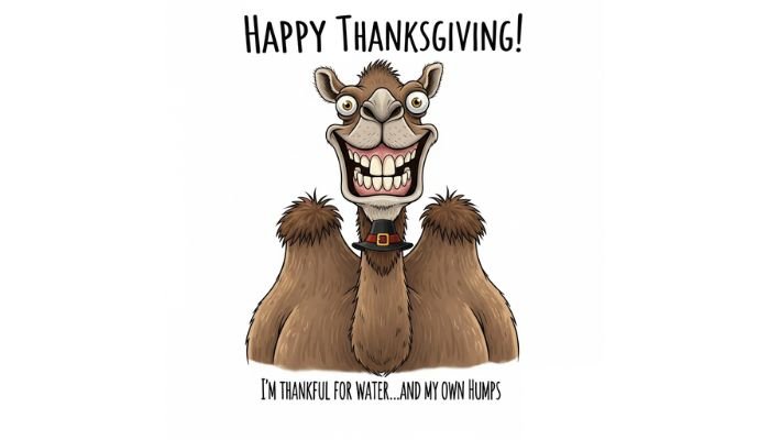 A funny cartoon image of a brown camel with a large, awkward smile, buck teeth, and googly eyes. It is wearing a tiny pilgrim hat between its two humps. The text at the top reads 'Happy Thanksgiving!' and the text at the bottom reads 'I'm thankful for water...and my own humps.'