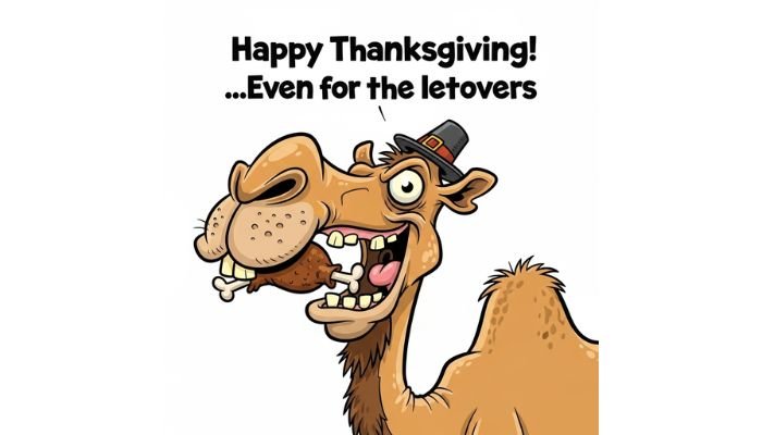 A funny cartoon image of a camel with a large, lumpy snout, crooked teeth, and googly eyes. The camel is wearing a small pilgrim hat on one of its humps and has a turkey leg in its mouth. The text at the top reads 'Happy Thanksgiving! ...Even for the leftovers.'
