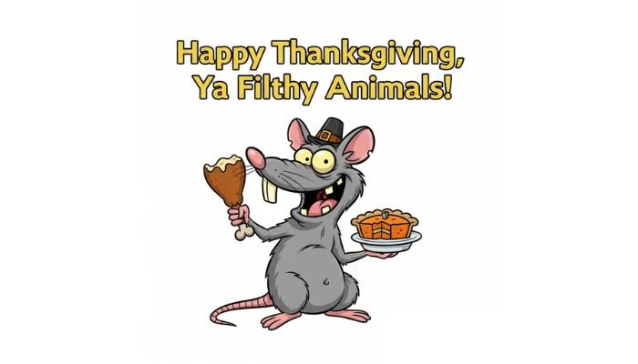 A funny cartoon image of a gray rat with a pilgrim hat, holding an oversized drumstick in one hand and a slice of pumpkin pie in the other. The rat has large, crooked teeth and a wide, goofy grin. The text at the top reads, 'Happy Thanksgiving, Ya Filthy Animals!'